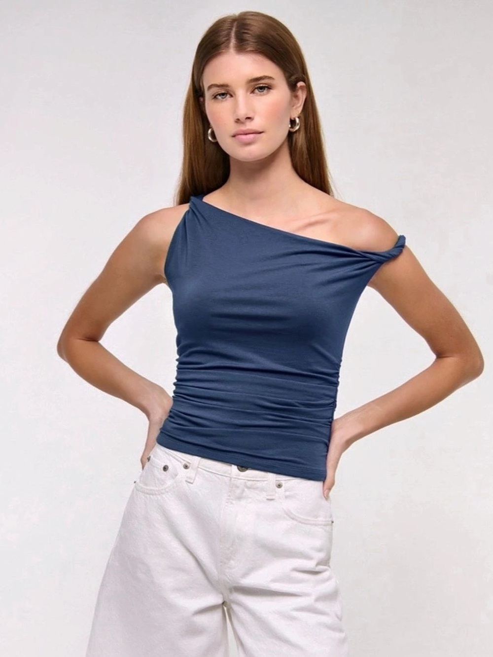 Abercrombie & Fitch Asymmetric Twist Off-Shoulder Top Blue Large